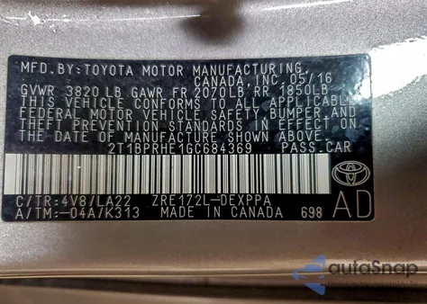 2016 Toyota Corolla Eco from USA, damaged, VIN 2T1BPRHE1GC684369